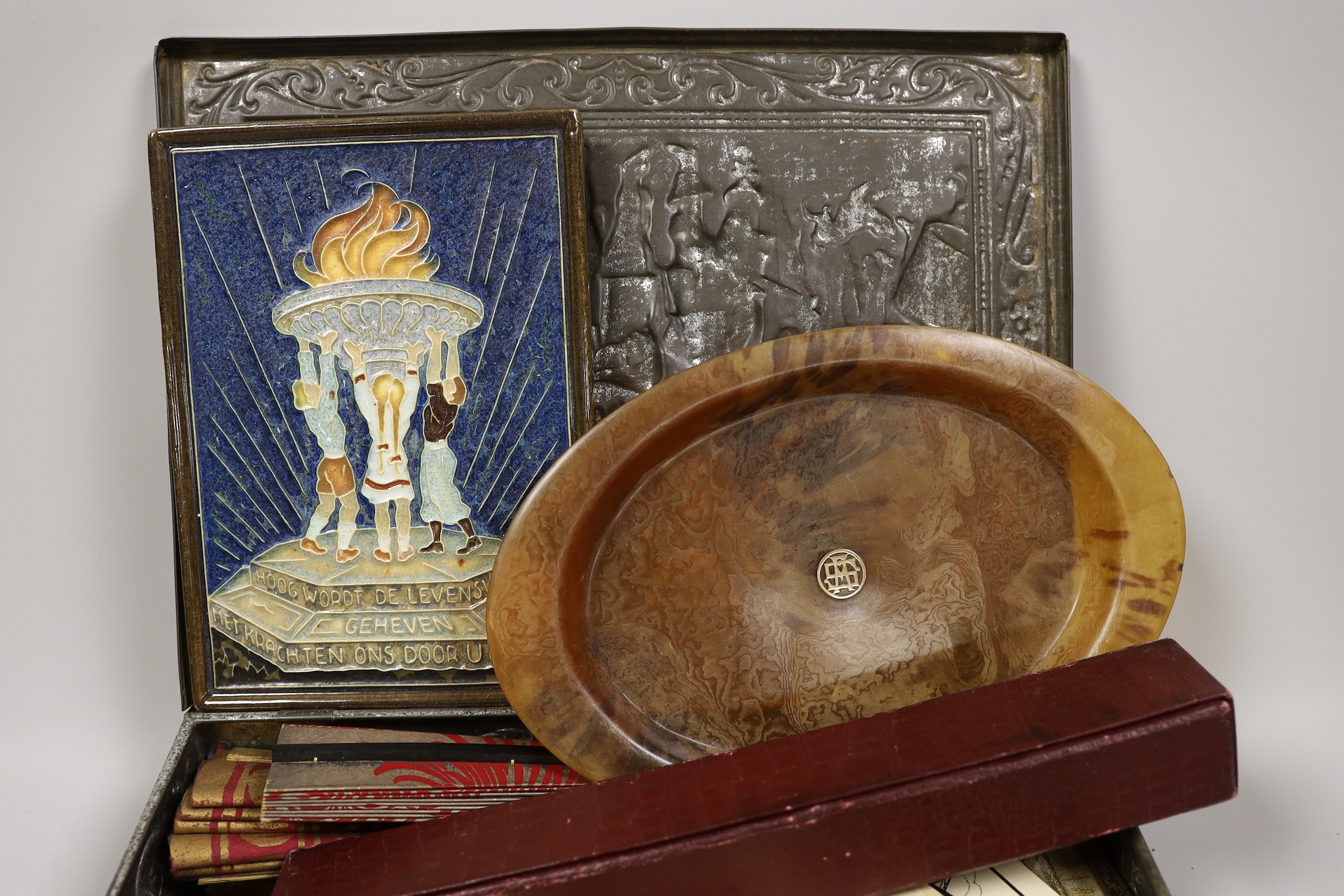 A 19th century ruby glass double ended scent bottle, two European and two Japanese fans, two Turkish embroideries, a tortoiseshell card tray possibly with gold mount and mixed collectables